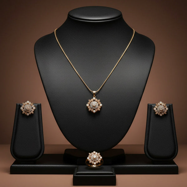 Bridal Look Zircon Flower Cluster Pendant Set (Gold Tone)
