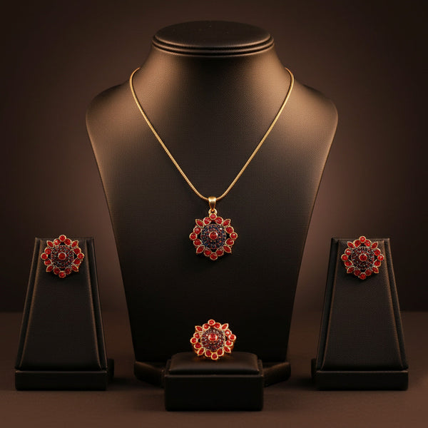 Royal Red & Blue Stone Ethnic Pendant Set with Earrings & Ring