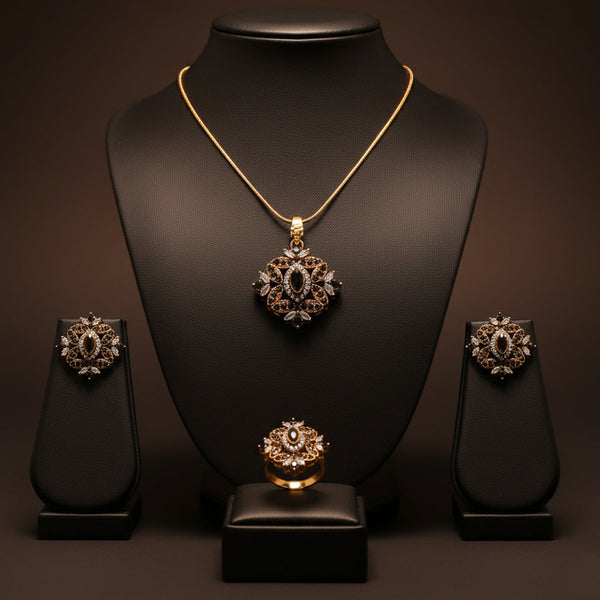 Mawla Vintage Style Black Stone Pendant Set with Zircon & Gold Tone