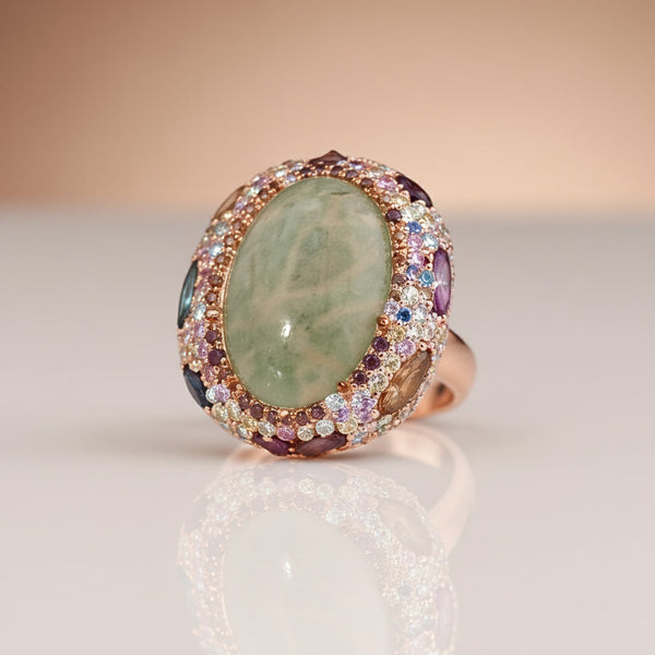 Rose Gold Large Green Stone  Ring (AD Multi-color)