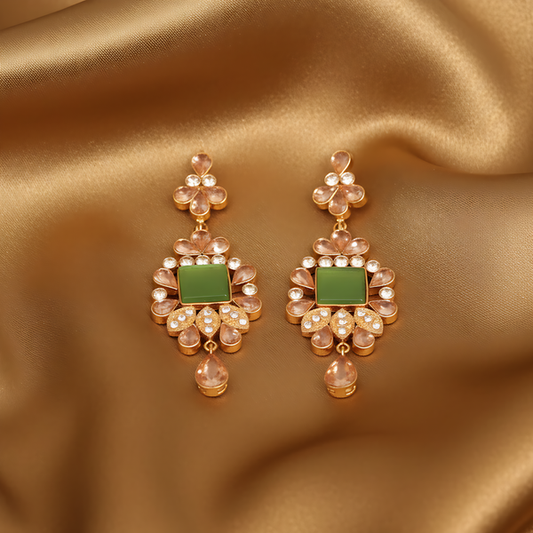 Matte Gold with Green Stone Earrings