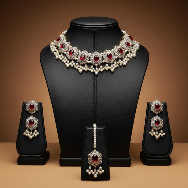 Regal Ruby Red & American Diamond Choker Set with Pearl Fringe