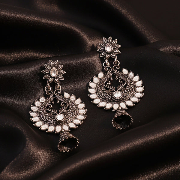Oxidized Silver Jhumka Earrings with White Stones
