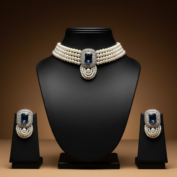 Royal Blue Sapphire & Pearl Choker Set with AD Zircon