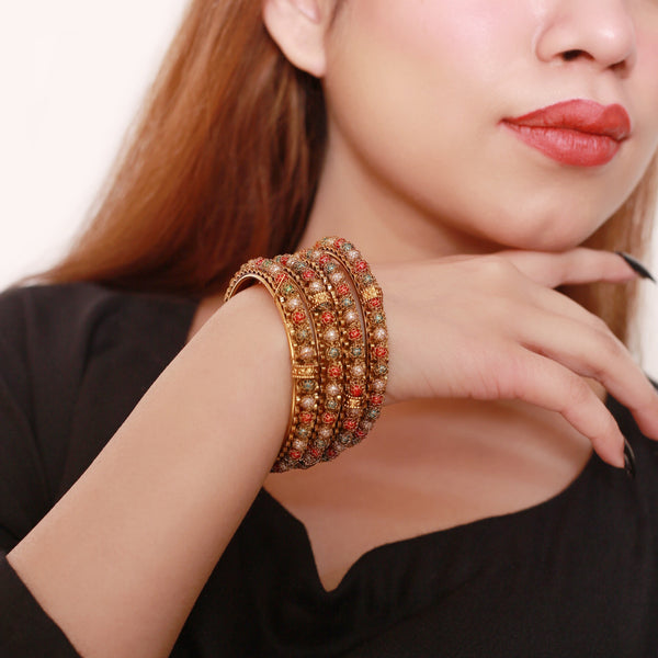 Mawla Antique Gold Multi-Color Stone Bangle Set
